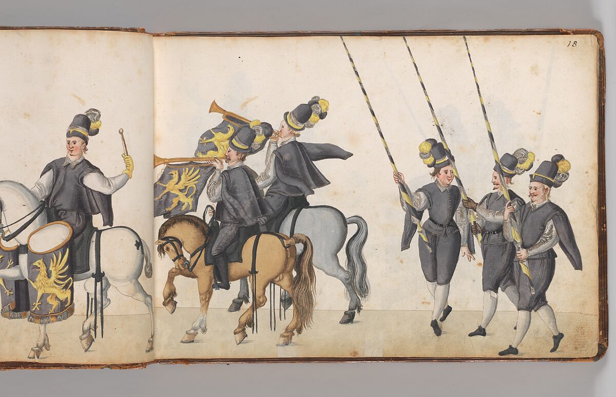 Album of Tournaments and Parades in Nuremberg, Pen and ink, watercolor, gold and silver washes; paper bound in gold-tooled leather, German, Nuremberg