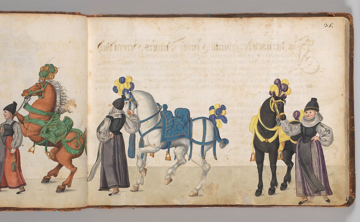 Album of Tournaments and Parades in Nuremberg, Pen and ink, watercolor, gold and silver washes; paper bound in gold-tooled leather, German, Nuremberg