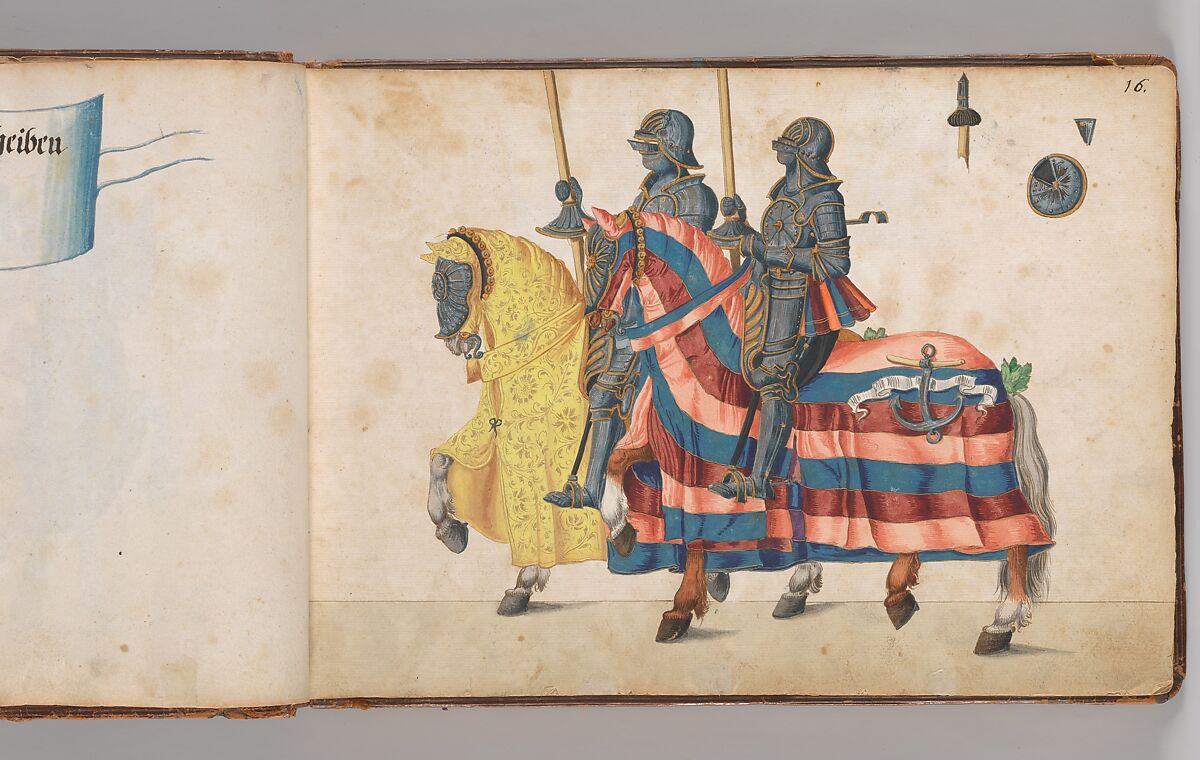 Album of Tournaments and Parades in Nuremberg, Pen and ink, watercolor, gold and silver washes; paper bound in gold-tooled leather, German, Nuremberg