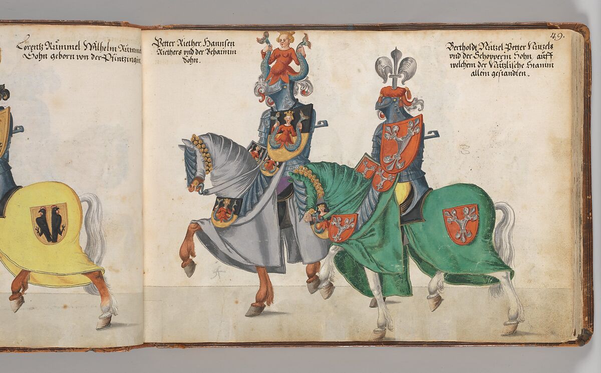 Album of Tournaments and Parades in Nuremberg, Pen and ink, watercolor, gold and silver washes; paper bound in gold-tooled leather, German, Nuremberg