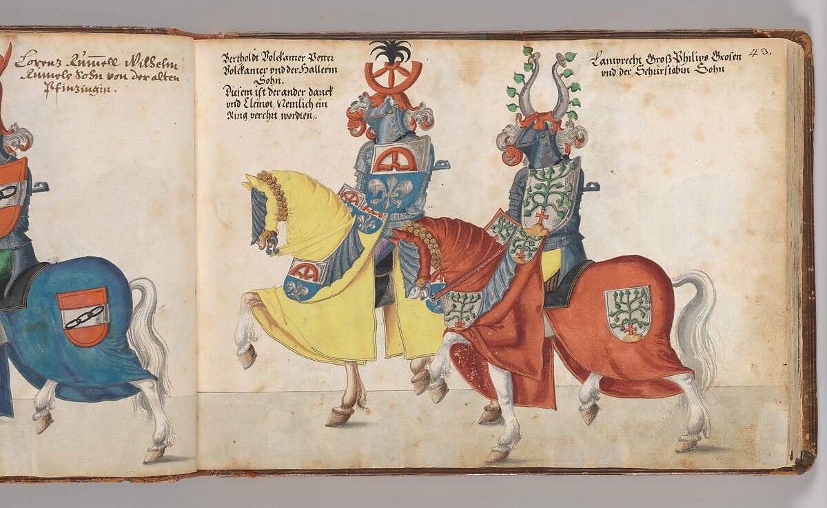 Album of Tournaments and Parades in Nuremberg, Pen and ink, watercolor, gold and silver washes; paper bound in gold-tooled leather, German, Nuremberg