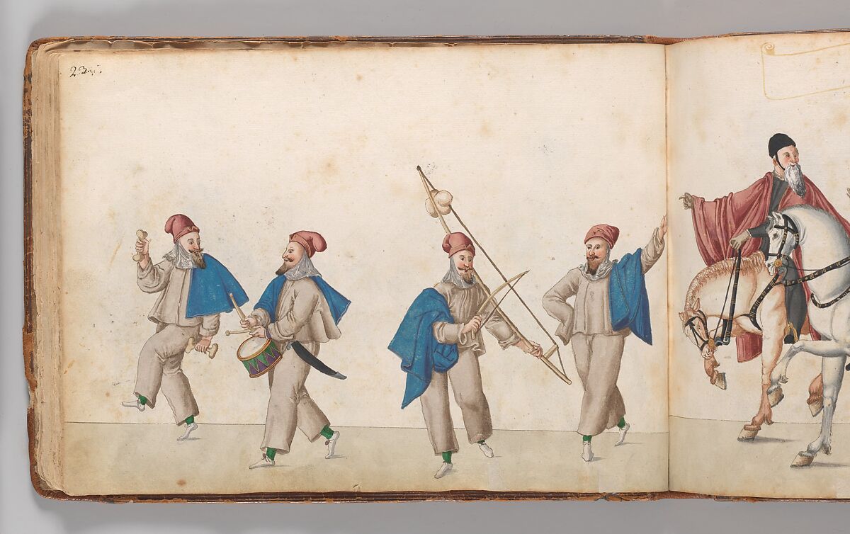 Album of Tournaments and Parades in Nuremberg, Pen and ink, watercolor, gold and silver washes; paper bound in gold-tooled leather, German, Nuremberg