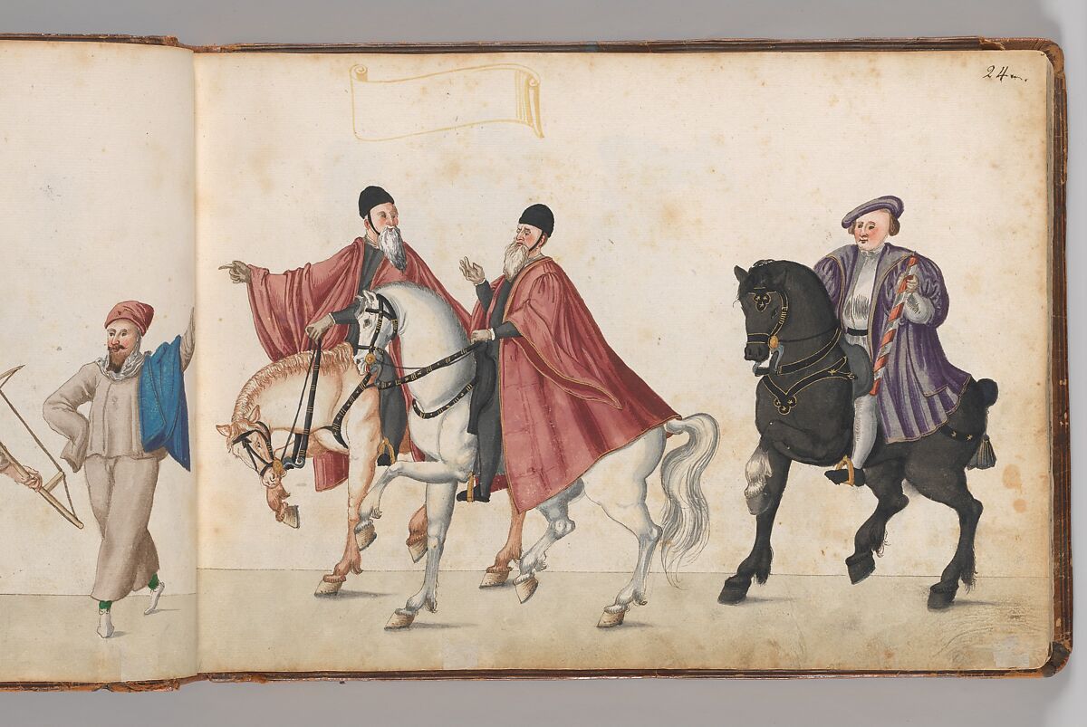 Album of Tournaments and Parades in Nuremberg, Pen and ink, watercolor, gold and silver washes; paper bound in gold-tooled leather, German, Nuremberg