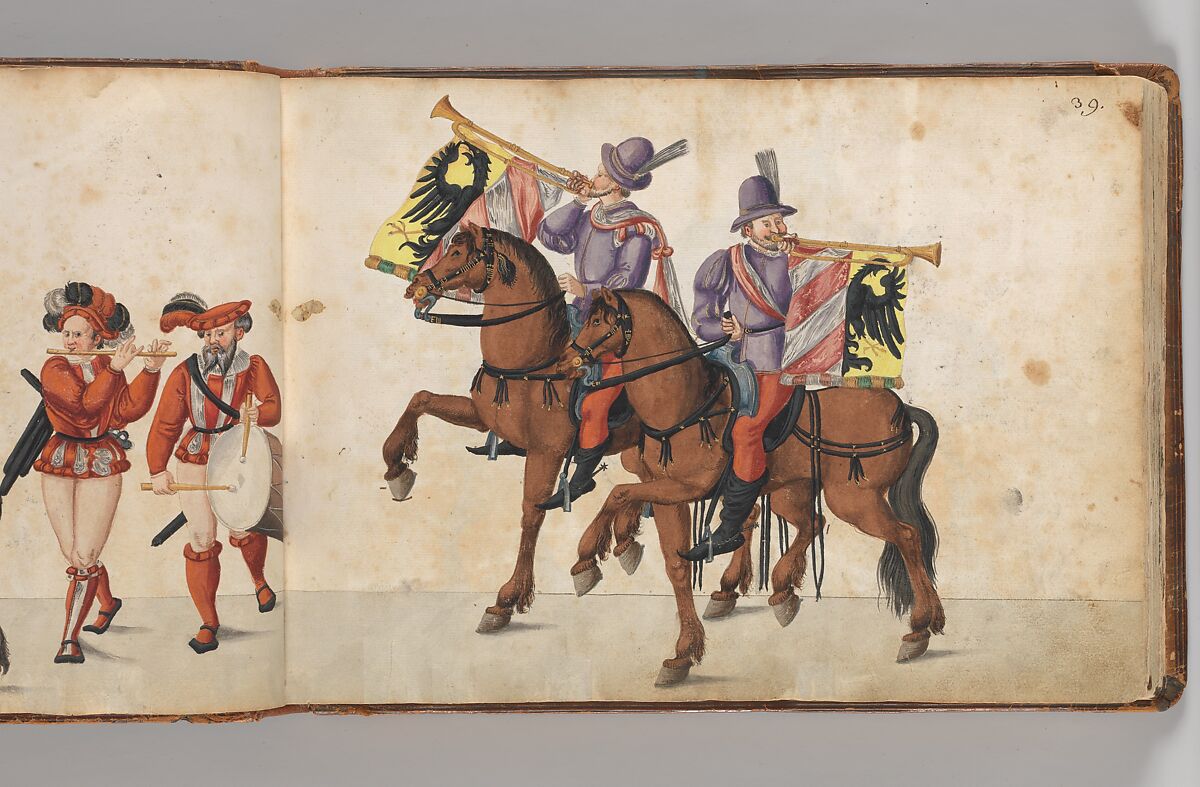 Album of Tournaments and Parades in Nuremberg, Pen and ink, watercolor, gold and silver washes; paper bound in gold-tooled leather, German, Nuremberg