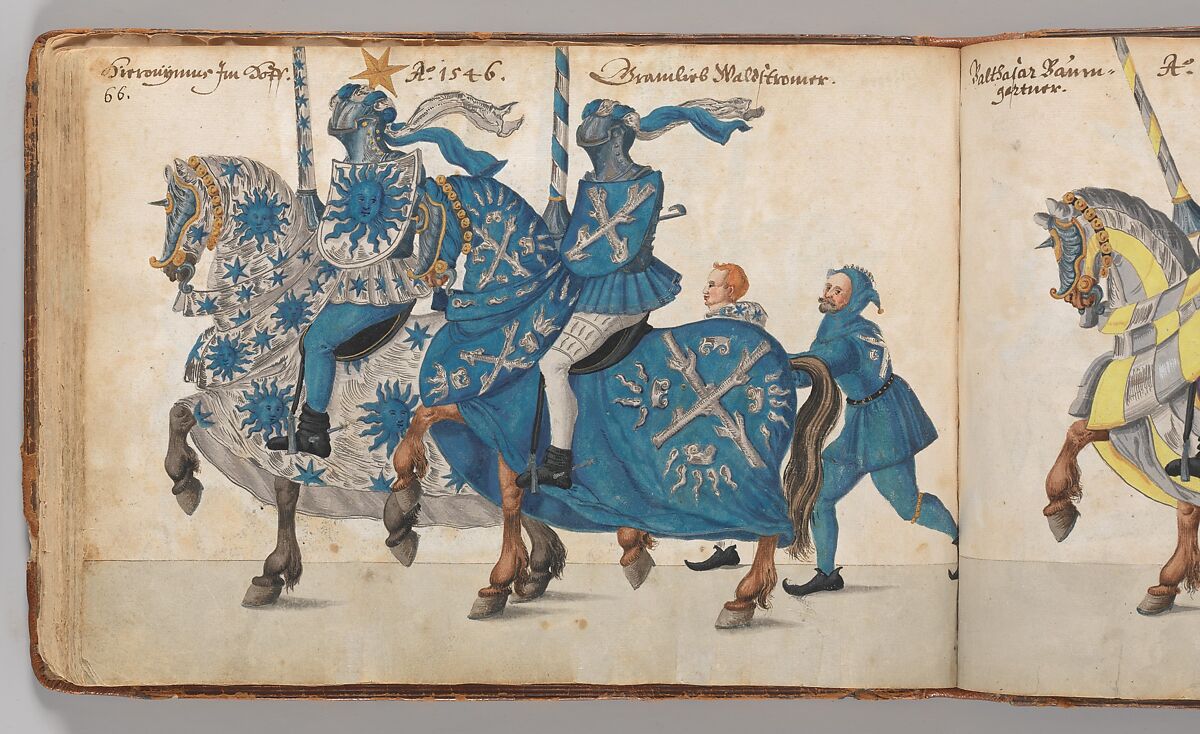 Album of Tournaments and Parades in Nuremberg, Pen and ink, watercolor, gold and silver washes; paper bound in gold-tooled leather, German, Nuremberg