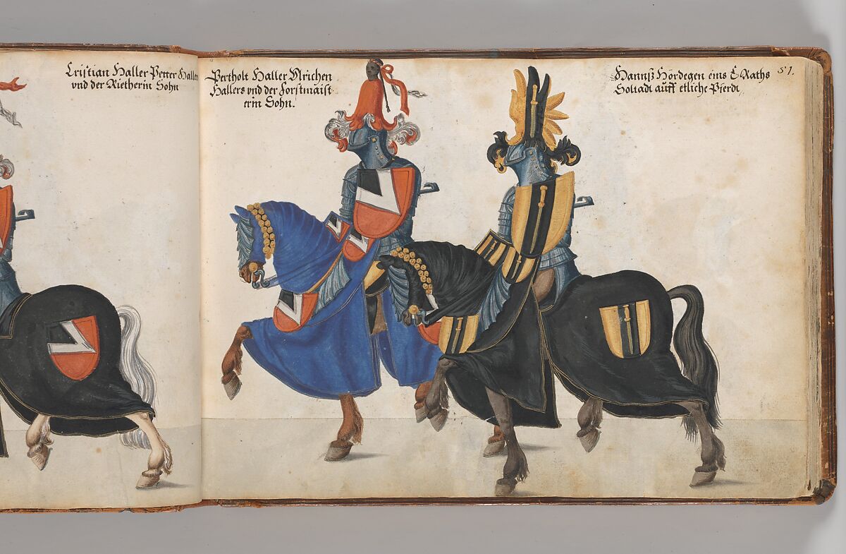 Album of Tournaments and Parades in Nuremberg, Pen and ink, watercolor, gold and silver washes; paper bound in gold-tooled leather, German, Nuremberg