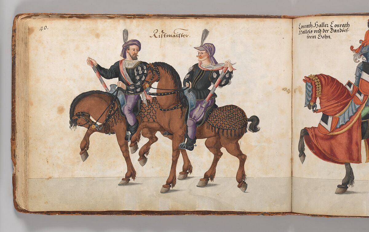 Album of Tournaments and Parades in Nuremberg, Pen and ink, watercolor, gold and silver washes; paper bound in gold-tooled leather, German, Nuremberg