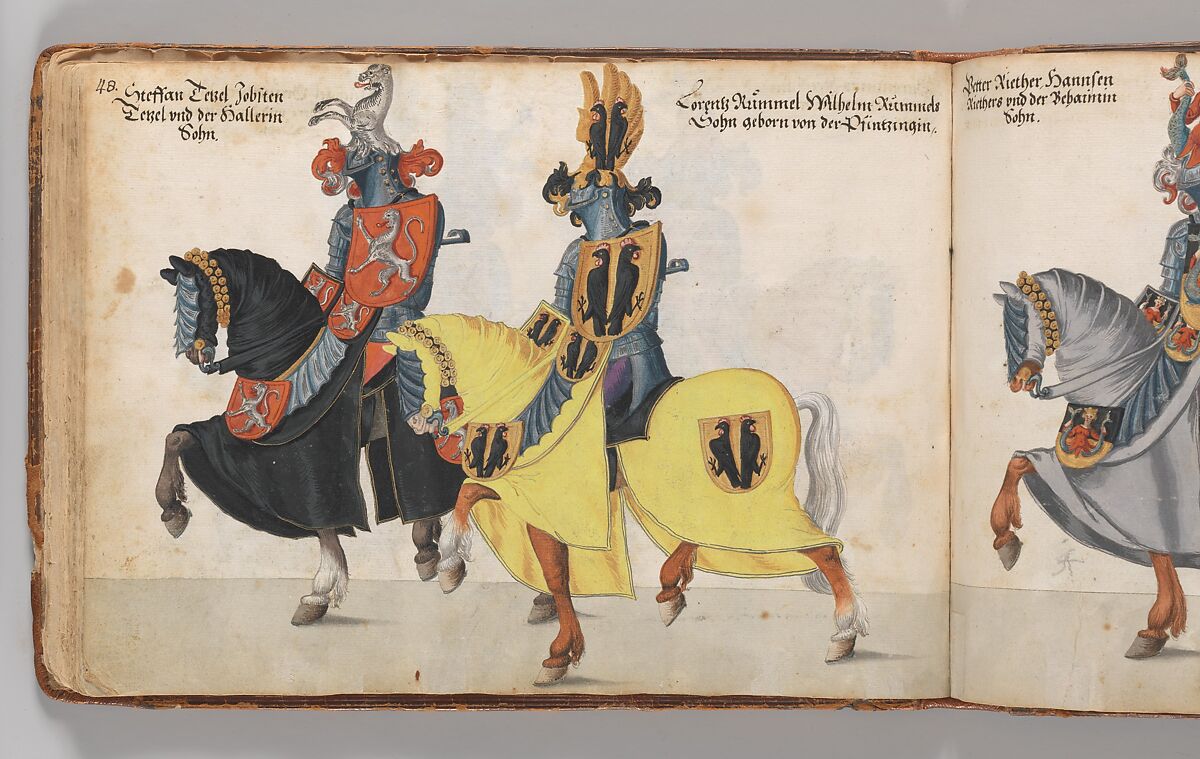 Album of Tournaments and Parades in Nuremberg, Pen and ink, watercolor, gold and silver washes; paper bound in gold-tooled leather, German, Nuremberg