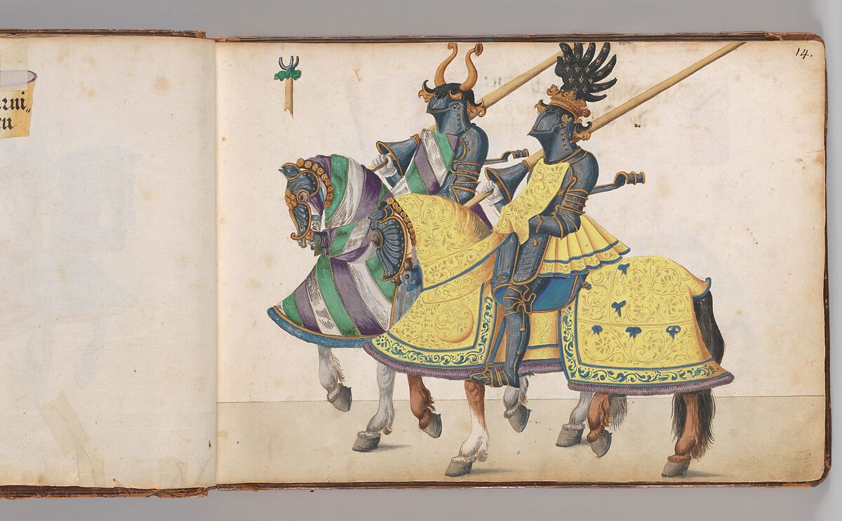 Album of Tournaments and Parades in Nuremberg, Pen and ink, watercolor, gold and silver washes; paper bound in gold-tooled leather, German, Nuremberg