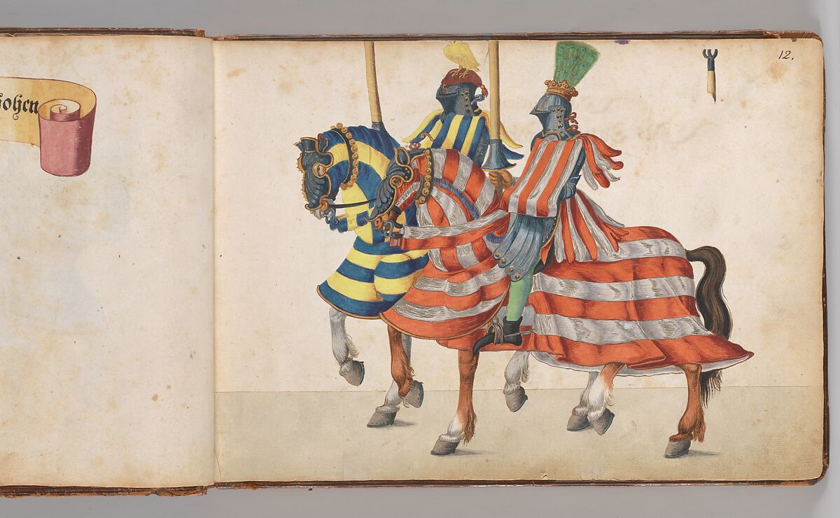 Album of Tournaments and Parades in Nuremberg, Pen and ink, watercolor, gold and silver washes; paper bound in gold-tooled leather, German, Nuremberg