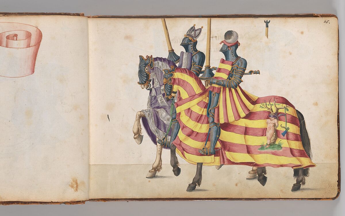 Album of Tournaments and Parades in Nuremberg, Pen and ink, watercolor, gold and silver washes; paper bound in gold-tooled leather, German, Nuremberg