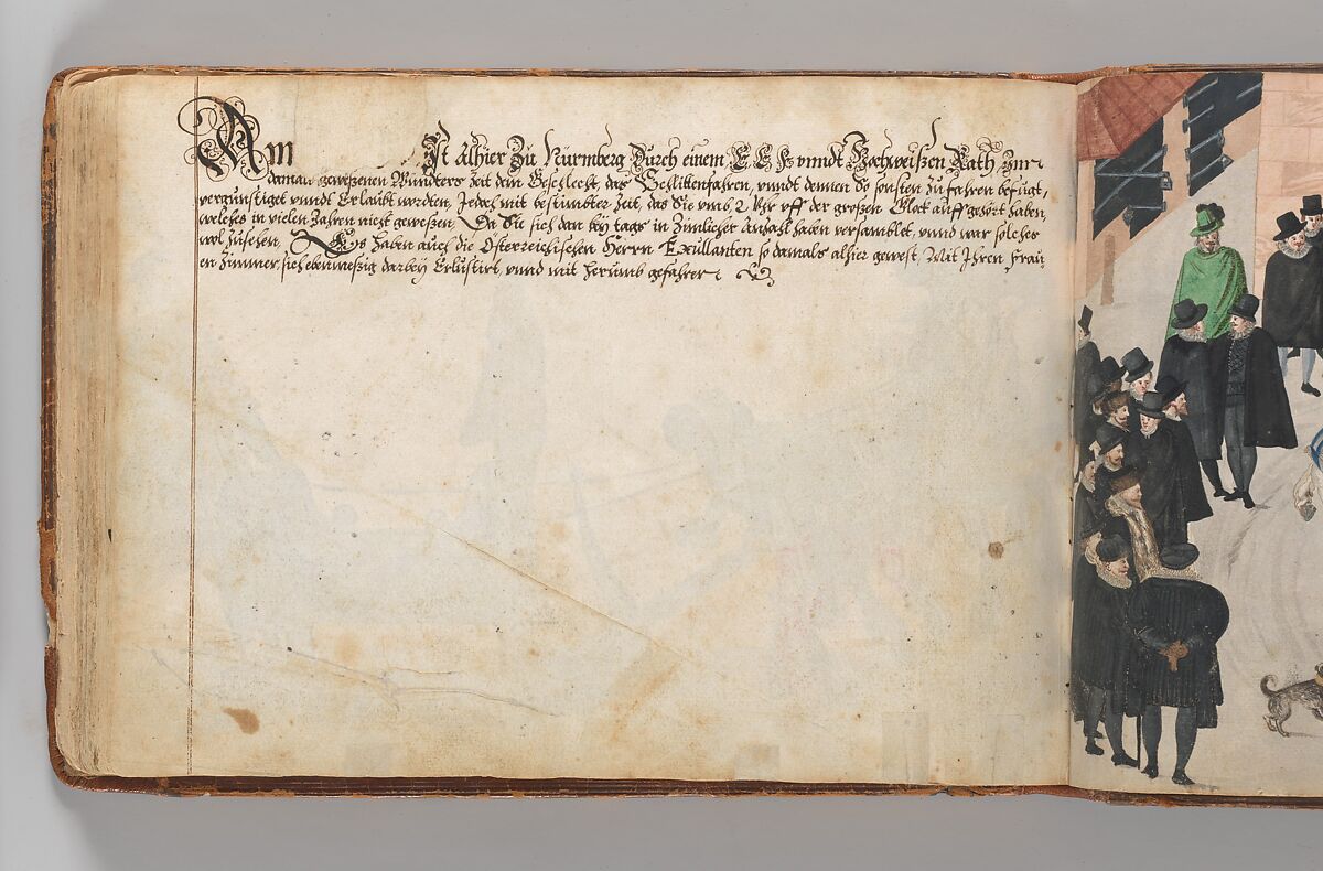 Album of Tournaments and Parades in Nuremberg, Pen and ink, watercolor, gold and silver washes; paper bound in gold-tooled leather, German, Nuremberg