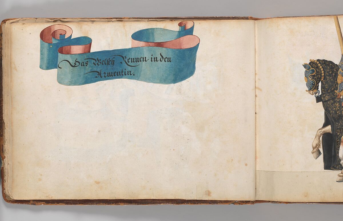 Album of Tournaments and Parades in Nuremberg, Pen and ink, watercolor, gold and silver washes; paper bound in gold-tooled leather, German, Nuremberg