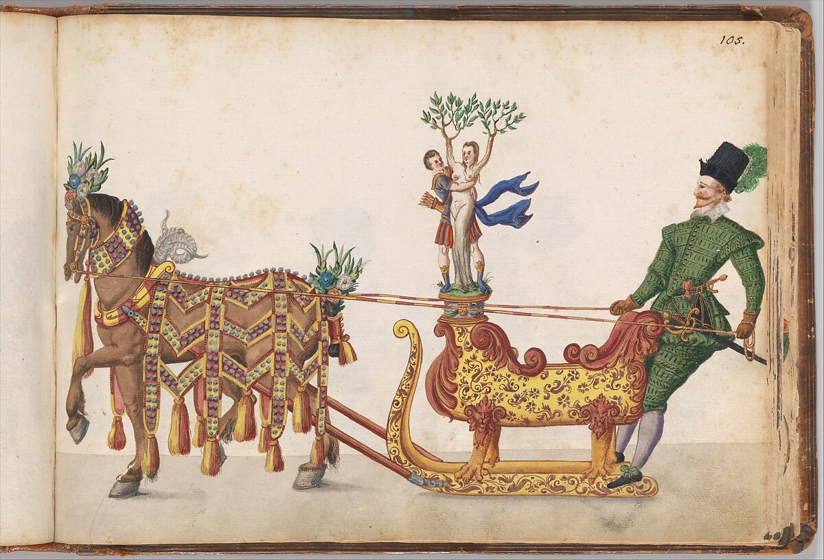 Album of Tournaments and Parades in Nuremberg, Pen and ink, watercolor, gold and silver washes; paper bound in gold-tooled leather, German, Nuremberg