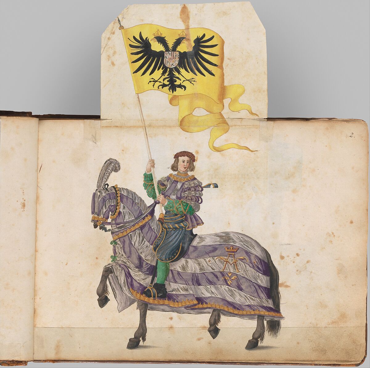 Album of Tournaments and Parades in Nuremberg, Pen and ink, watercolor, gold and silver washes; paper bound in gold-tooled leather, German, Nuremberg