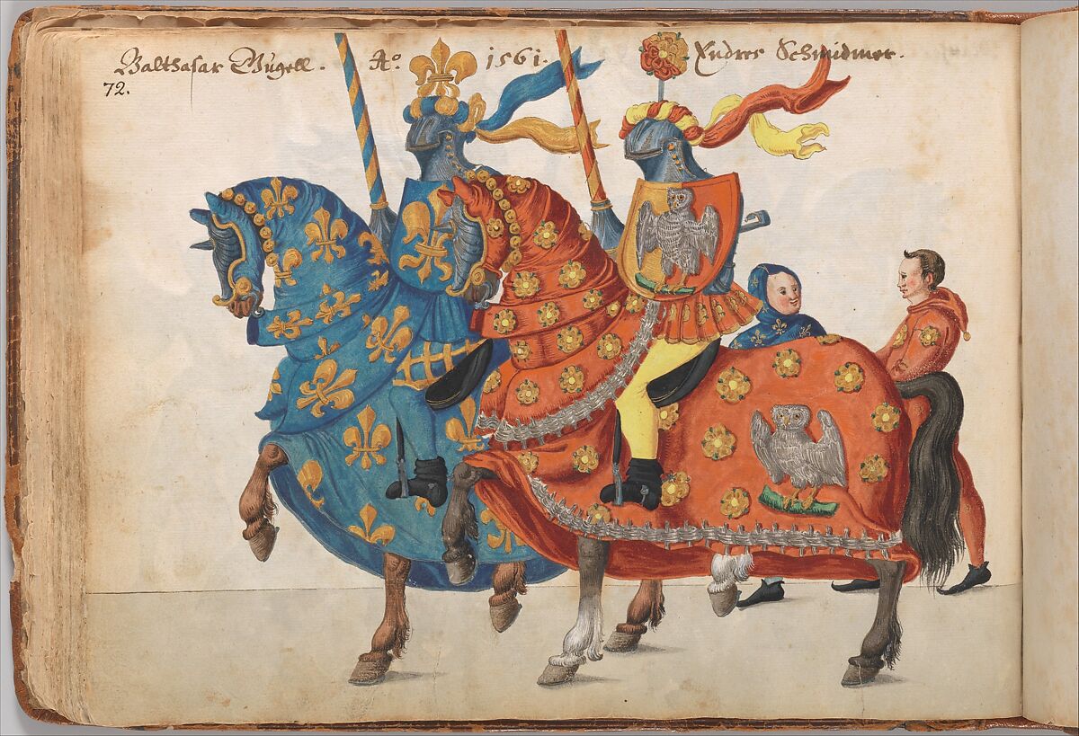 Album of Tournaments and Parades in Nuremberg, Pen and ink, watercolor, gold and silver washes; paper bound in gold-tooled leather, German, Nuremberg