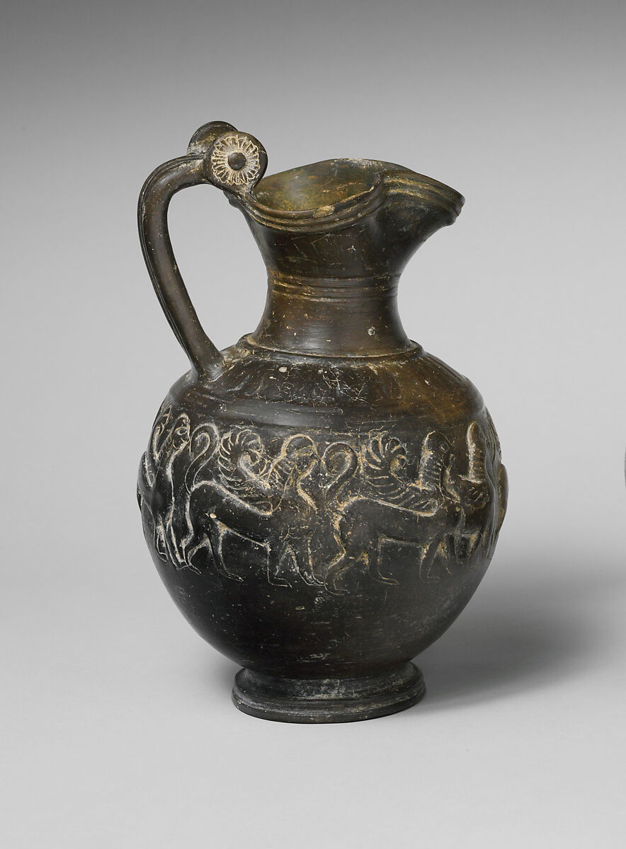 Terracotta trefoil oinochoe (jug), Terracotta, Etruscan 