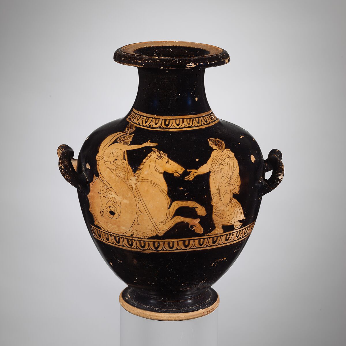 Terracotta hydria: kalpis (water jar), Terracotta, Greek, Attic 