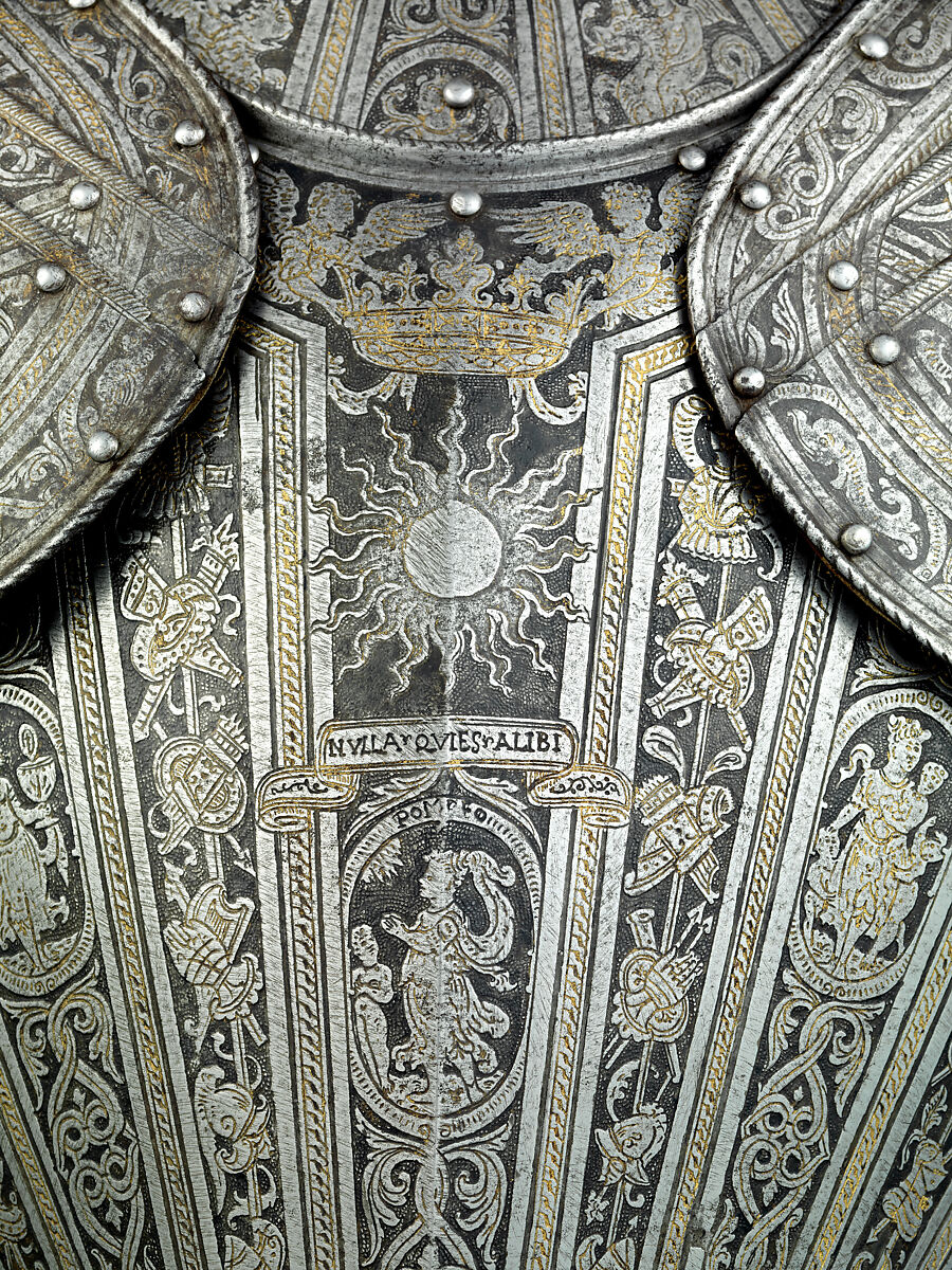 Portions of an Armor for
 Vincenzo Luigi di Capua (d. 1627), Pompeo della Cesa (Italian, Milan, ca. 1537–1610), Steel, gold, leather, copper alloy, Italian, Milan