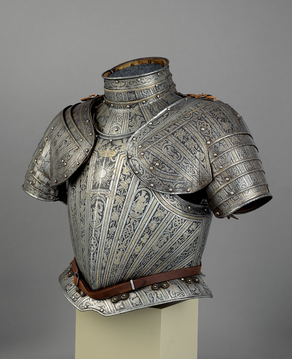 Portions of an Armor for
 Vincenzo Luigi di Capua (d. 1627), Pompeo della Cesa (Italian, Milan, ca. 1537–1610), Steel, gold, leather, copper alloy, Italian, Milan