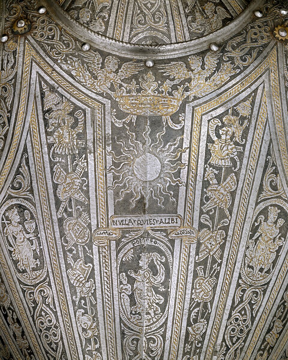 Portions of an Armor for
 Vincenzo Luigi di Capua (d. 1627), Pompeo della Cesa (Italian, Milan, ca. 1537–1610), Steel, gold, leather, copper alloy, Italian, Milan