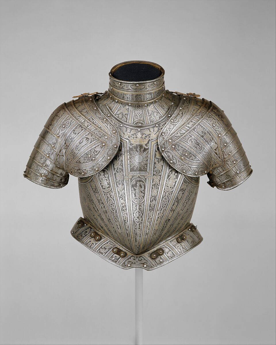 Portions of an Armor for
 Vincenzo Luigi di Capua (d. 1627), Pompeo della Cesa (Italian, Milan, ca. 1537–1610), Steel, gold, leather, copper alloy, Italian, Milan 