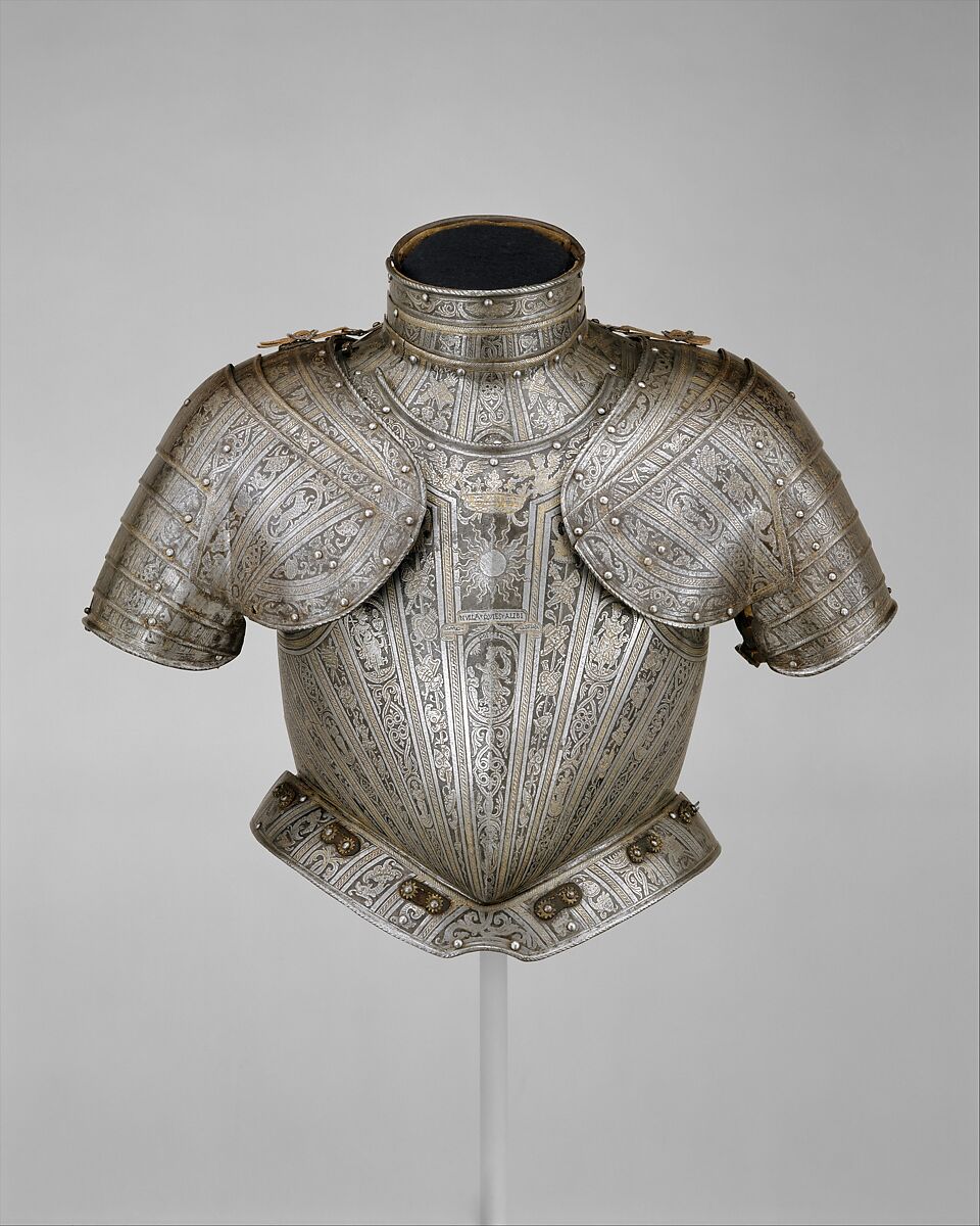 Portions of an Armor for
 Vincenzo Luigi di Capua (d. 1627), Pompeo della Cesa  Italian, Steel, gold, leather, copper alloy, Italian, Milan