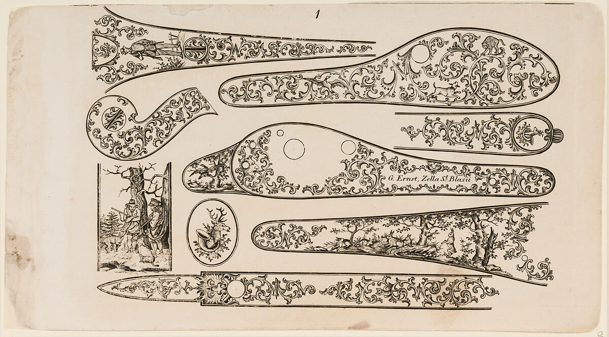<i>Musterblätter enthaltend die anwendbarsten Jagdstücke u. Arabesken für Büchsenschäfter, Graveure etc.</i> (Zella bei Gotha, n.d. [1849/50]) (Patternbook of Engraved Designs for Firearms Ornament), from the workshop of Louis D. Nimschke (1832–1904), Gustave Ernst (German), Engraving on paper, German