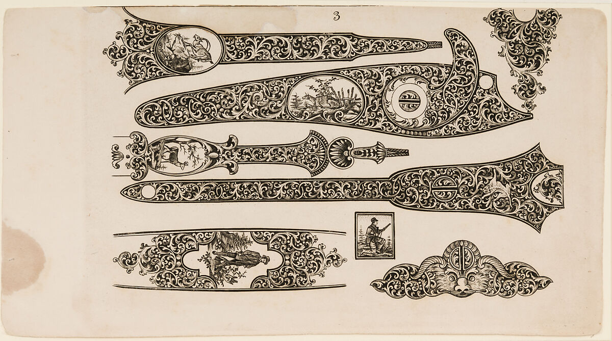 <i>Musterblätter enthaltend die anwendbarsten Jagdstücke u. Arabesken für Büchsenschäfter, Graveure etc.</i> (Zella bei Gotha, n.d. [1849/50]) (Patternbook of Engraved Designs for Firearms Ornament), from the workshop of Louis D. Nimschke (1832–1904), Gustave Ernst (German), Engraving on paper, German