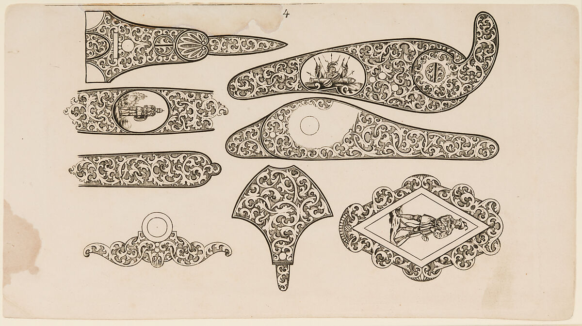 <i>Musterblätter enthaltend die anwendbarsten Jagdstücke u. Arabesken für Büchsenschäfter, Graveure etc.</i> (Zella bei Gotha, n.d. [1849/50]) (Patternbook of Engraved Designs for Firearms Ornament), from the workshop of Louis D. Nimschke (1832–1904), Gustave Ernst (German), Engraving on paper, German