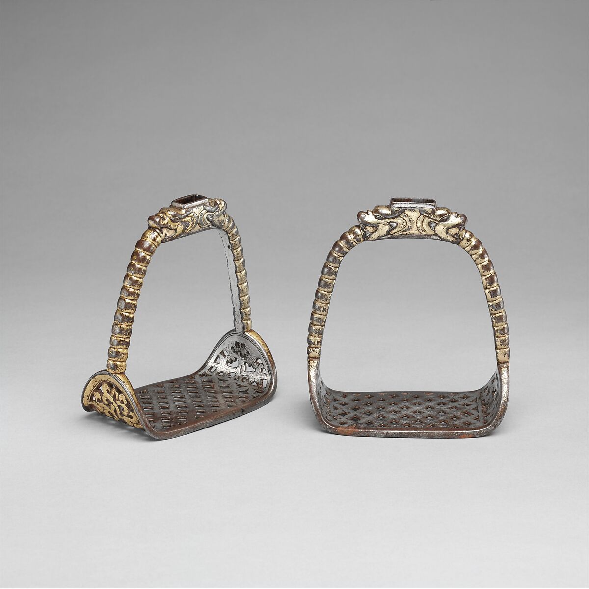 Pair of Stirrups (Yob Cha), Iron, gold, silver, Tibetan 