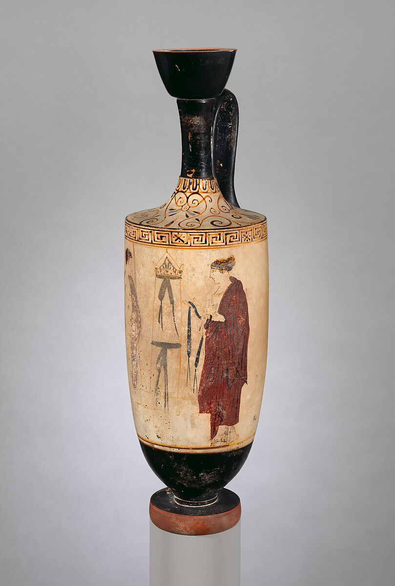 Terracotta lekythos (oil flask), Attributed to an artist related to the Achilles Painter and, Terracotta, Greek, Attic 