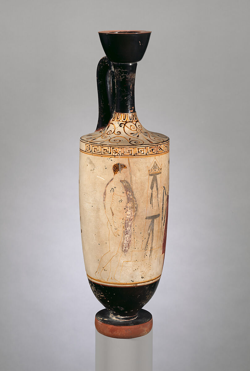 Terracotta lekythos (oil flask), Attributed to an artist related to the Achilles Painter and, Terracotta, Greek, Attic