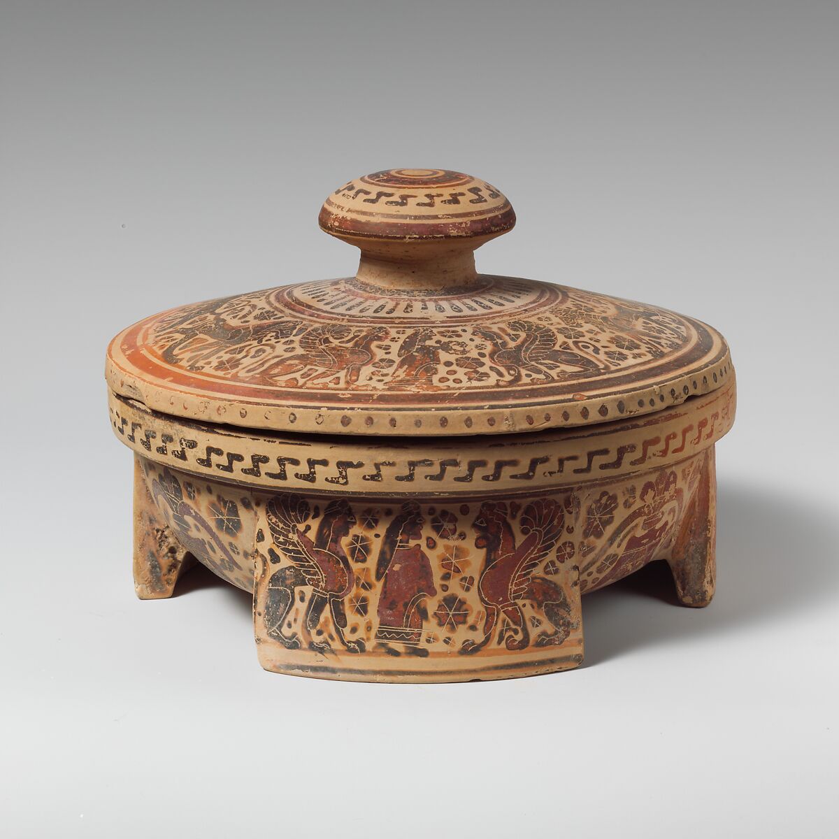 Terracotta tripod pyxis (box), Terracotta, Greek, Corinthian 