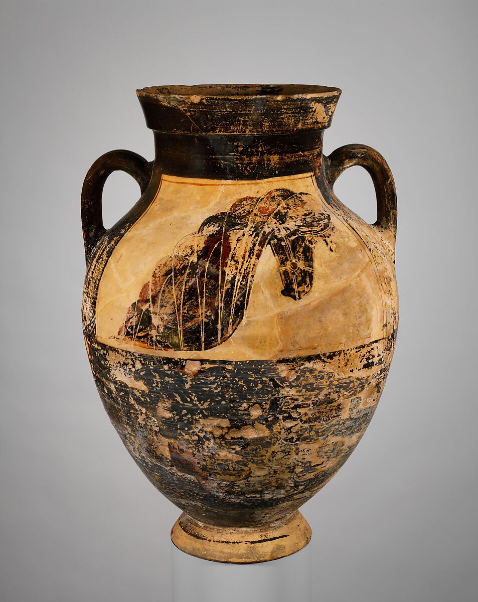 Terracotta amphora (jar), Attributed to The Horse-Head Amphorae, Terracotta, Greek, Attic 