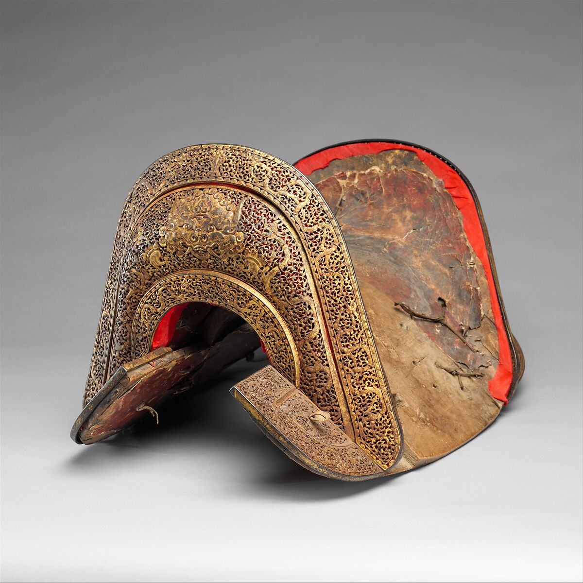 Saddle (gser sga), Iron, gold, copper, wood, leather, Tibetan 