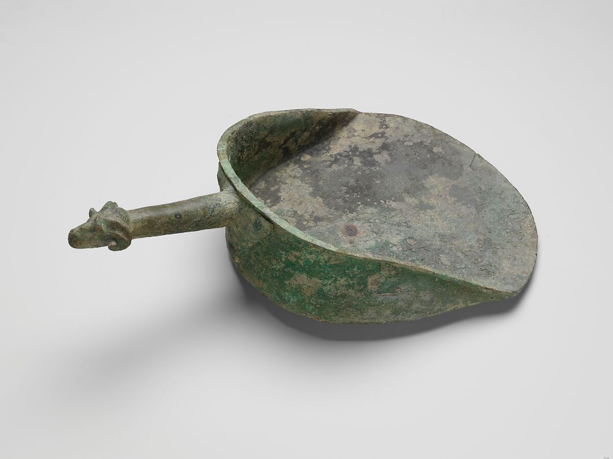 Bronze shovel with a handle terminating in a ram's head, Bronze, Roman 