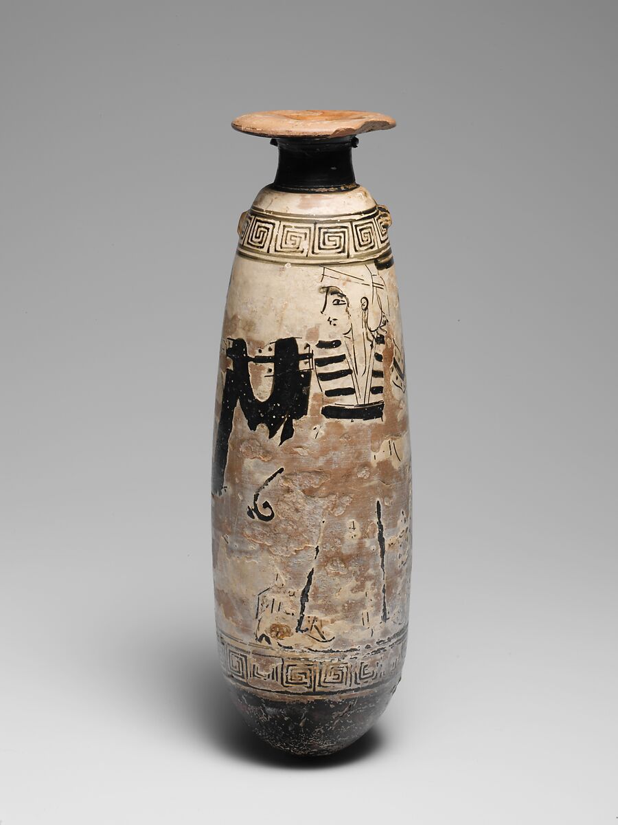 Terracotta alabastron (perfume vase), Related to the Group of the Paidikos Alabastra, Terracotta, Greek, Attic 