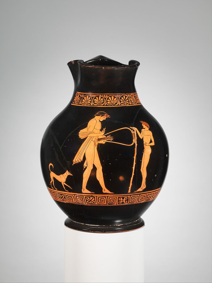 Terracotta oinochoe: chous (jug), Attributed to the Berlin Painter, Terracotta, Greek, Attic 