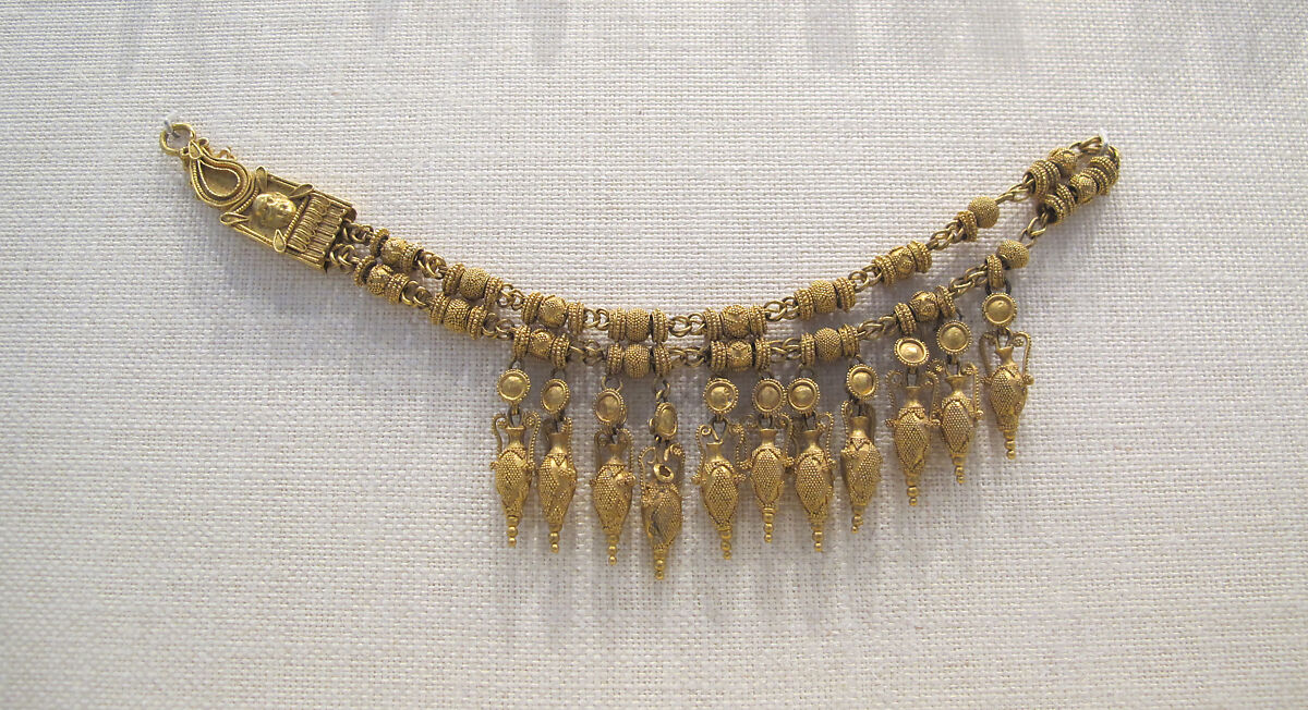 Gold necklace with pendants of amphora and beads, Gold, Italian or British 