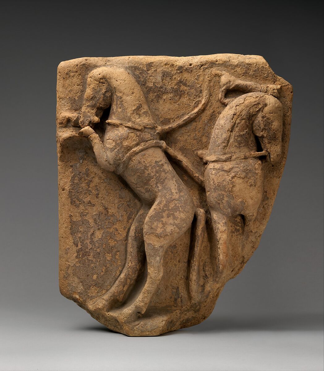 Fragment of a terracotta relief with two horses, Terracotta, Greek, South Italian 