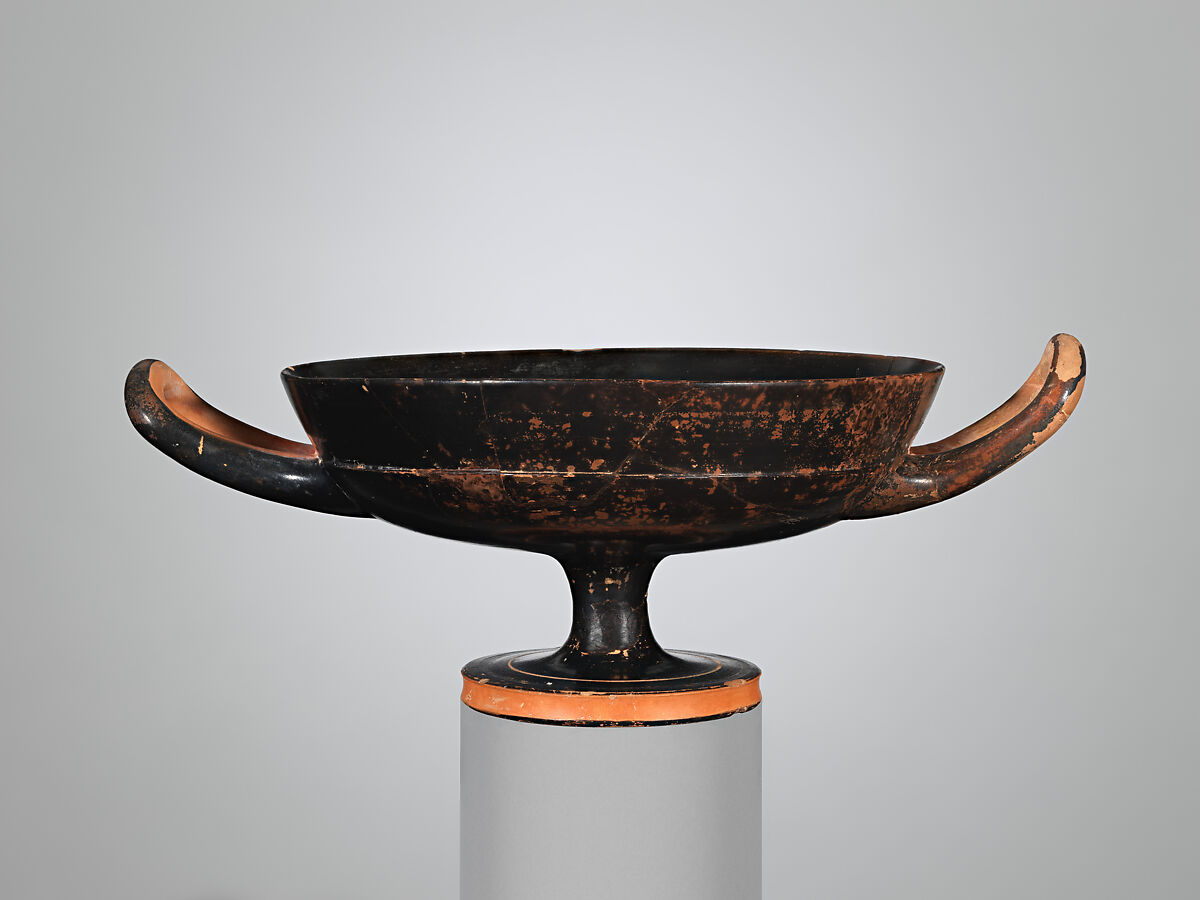 Terracotta kylix (drinking cup), Attributed to the Akestorides Painter, Terracotta, Greek, Attic