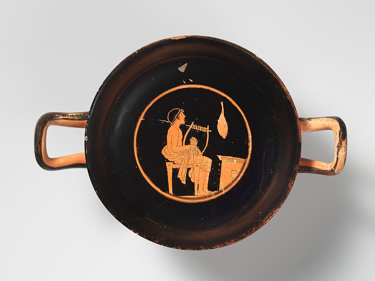 Terracotta kylix (drinking cup), Attributed to the Akestorides Painter, Terracotta, Greek, Attic 