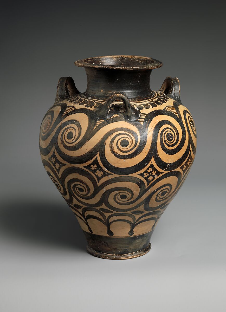 Terracotta jar with three handles, Terracotta, Minoan 