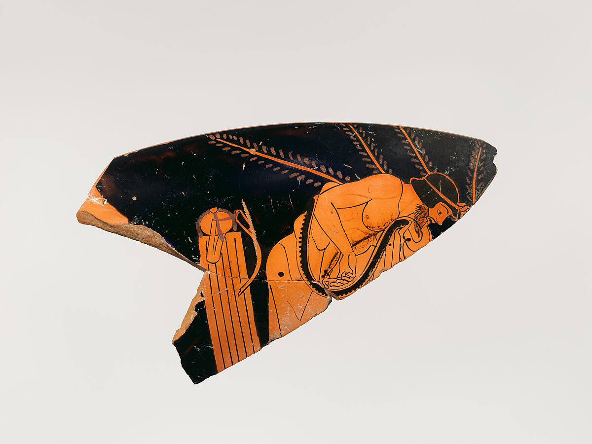 Fragment of a terracotta kylix (drinking cup), Attributed to the Brygos Painter, Terracotta, Greek, Attic 