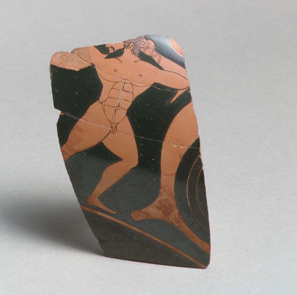 Fragment of a terracotta kylix: eye-cup  (drinking cup), Attributed to the Hischylos Painter, Terracotta, Greek, Attic 