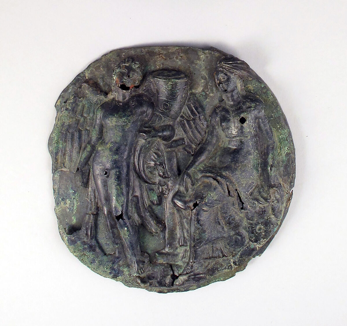 Mirror with Aphrodite and Eros, Bronze, Greek 
