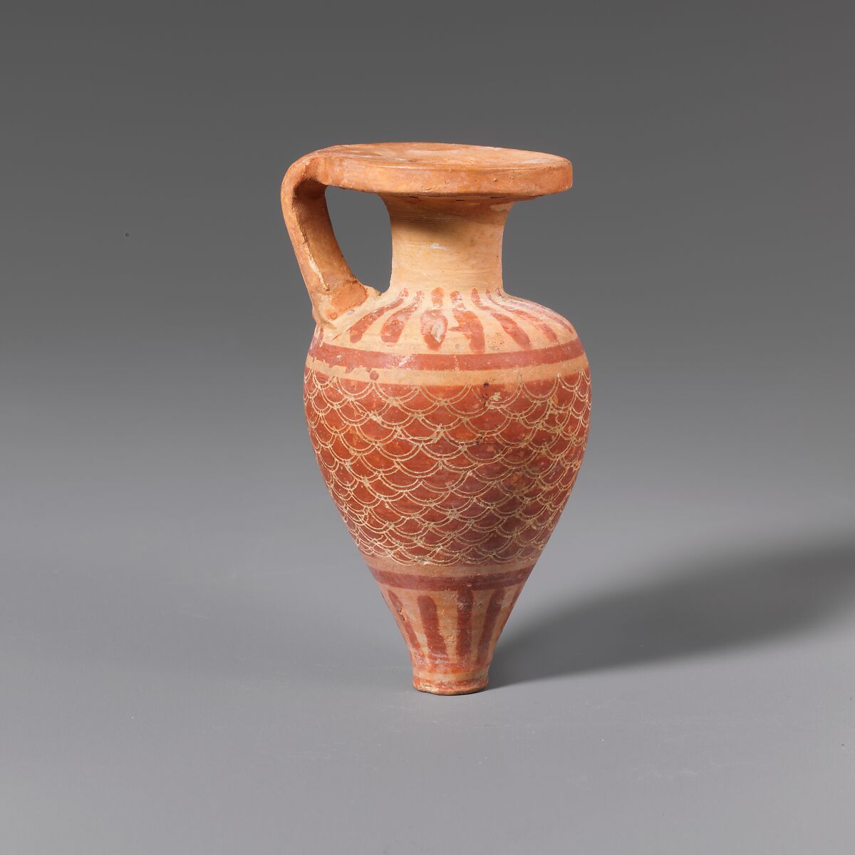 Terracotta pointed aryballos (oil flask), Terracotta, Greek, Corinthian 