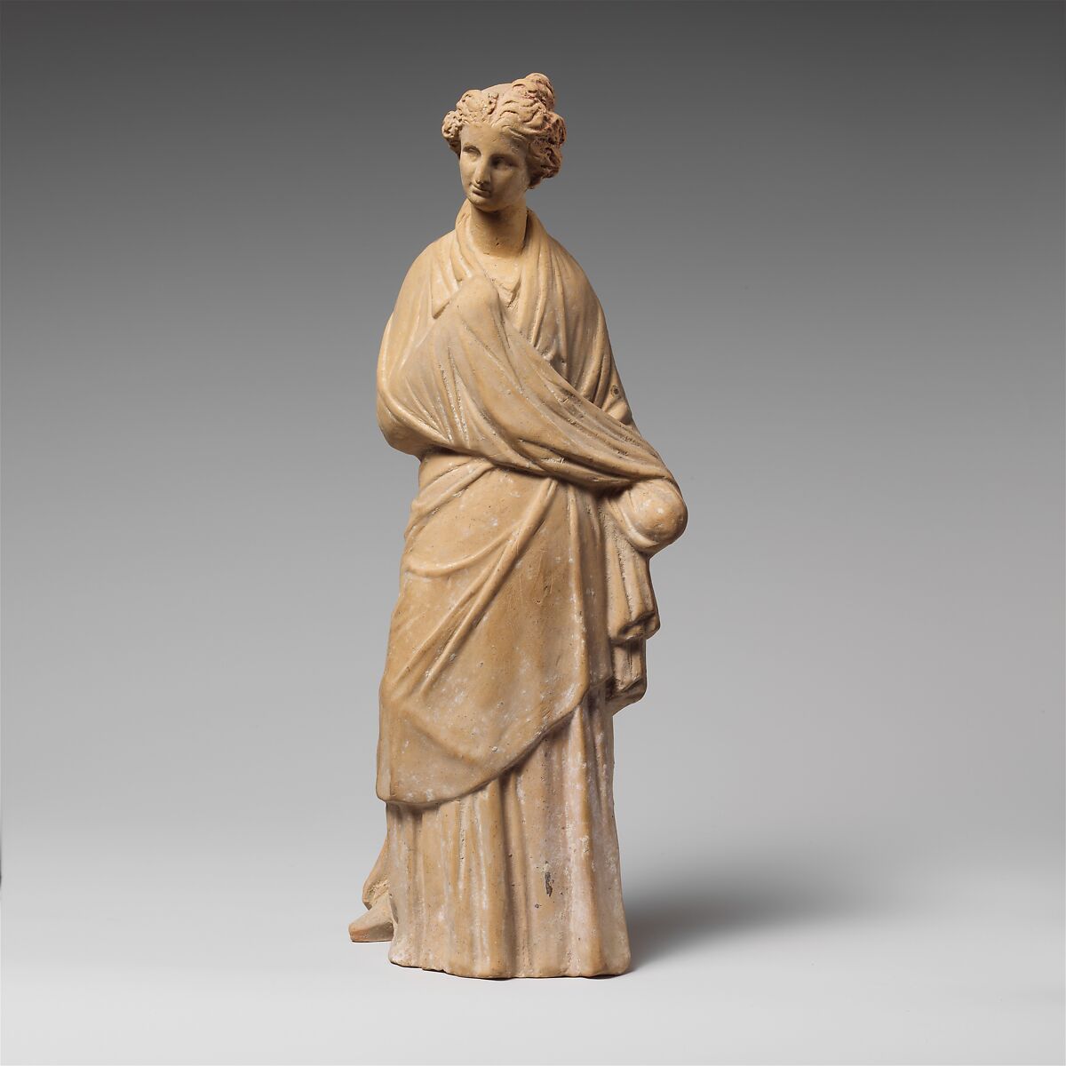 Terracotta statuette of a draped woman, Terracotta, Greek, Boeotian 