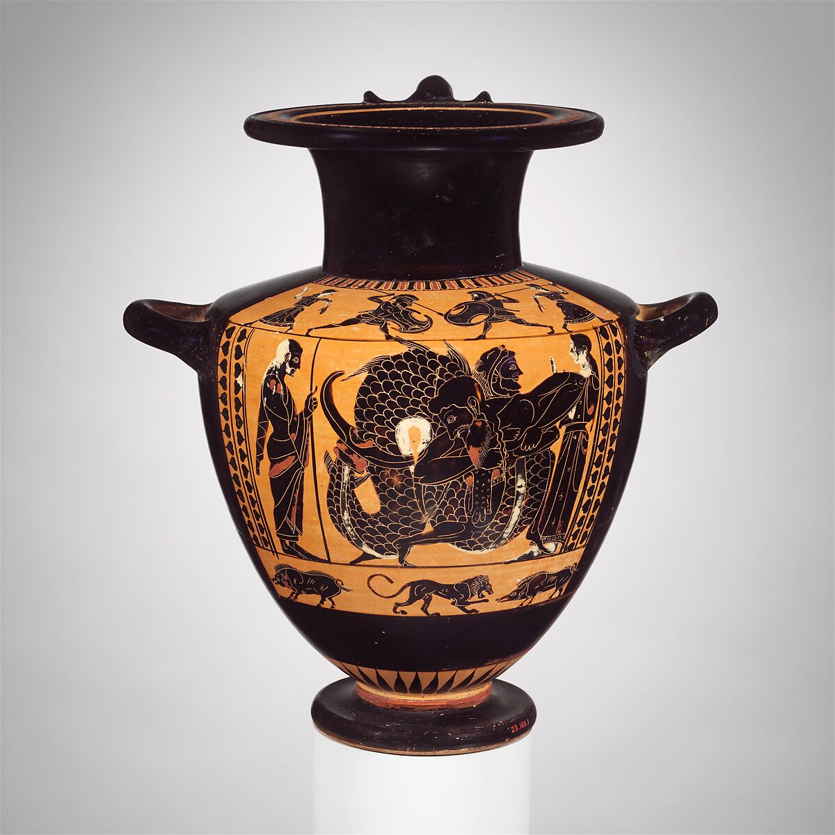 Terracotta hydria (water jar), Attributed to an artist related to the Antimenes Painter, Terracotta, Greek, Attic 